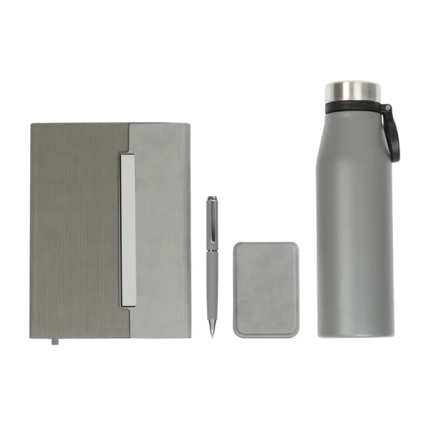 Set Belitsa con termo de acero inoxidable, libreta, bolígrafo y tarjetero de curpiel en caja de regalo corporativo.