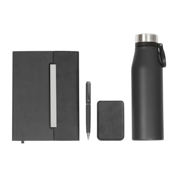 Set Belitsa con termo de acero inoxidable, libreta, bolígrafo y tarjetero de curpiel en caja de regalo corporativo.