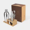 Set Shaker Korai de mixología en acero inoxidable y madera con logo empresarial grabado a láser para regalos corporativos.