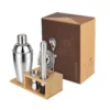 Set Shaker Korai de mixología en acero inoxidable y madera con logo empresarial grabado a láser para regalos corporativos.