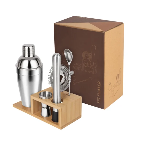 Set Shaker Korai de mixología en acero inoxidable y madera con logo empresarial grabado a láser para regalos corporativos.
