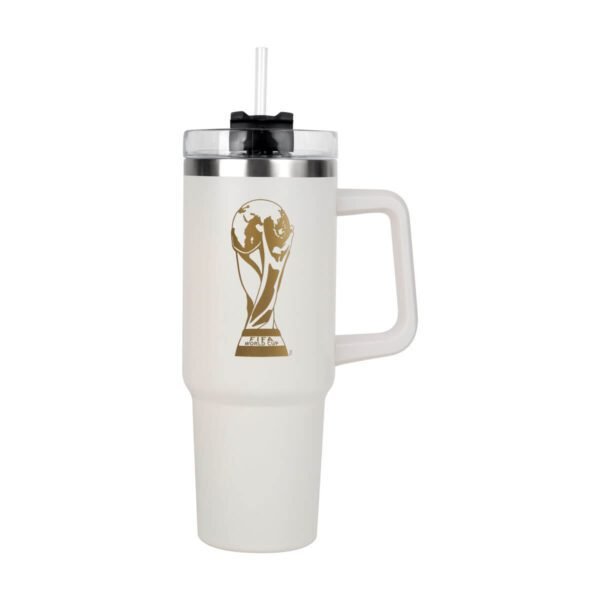 TERMO COPA MUNDIAL FIFA 2026 de acero inoxidable con tapa de plástico y popote, presentado en caja.