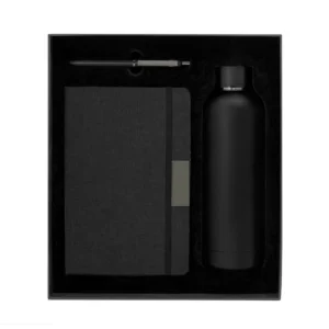Set ejecutivo DARK BOX con bolígrafo, libreta y botella térmica en acabado negro mate dentro de caja de regalo corporativa