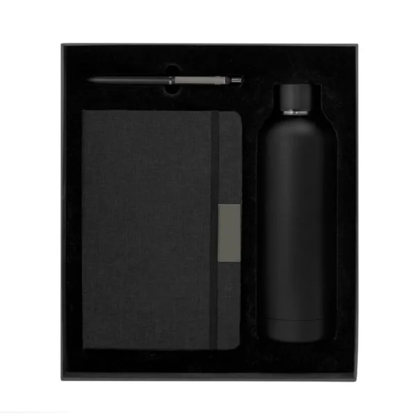 Set ejecutivo DARK BOX con bolígrafo, libreta y botella térmica en acabado negro mate dentro de caja de regalo corporativa