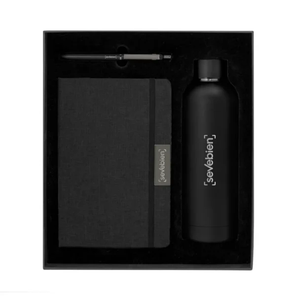 Set ejecutivo DARK BOX con bolígrafo, libreta y botella térmica en acabado negro mate dentro de caja de regalo corporativa