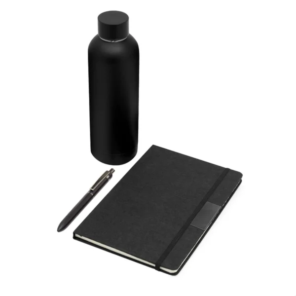 Set ejecutivo DARK BOX con bolígrafo, libreta y botella térmica en acabado negro mate dentro de caja de regalo corporativa