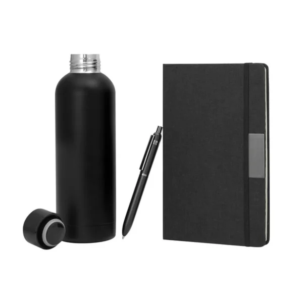 Set ejecutivo DARK BOX con bolígrafo, libreta y botella térmica en acabado negro mate dentro de caja de regalo corporativa