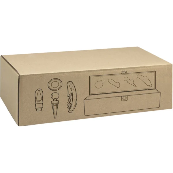 Set de vino VINICIUS con caja de bambú, sacacorchos, tapón, vertedor y anillo antigoteo sobre fondo neutro