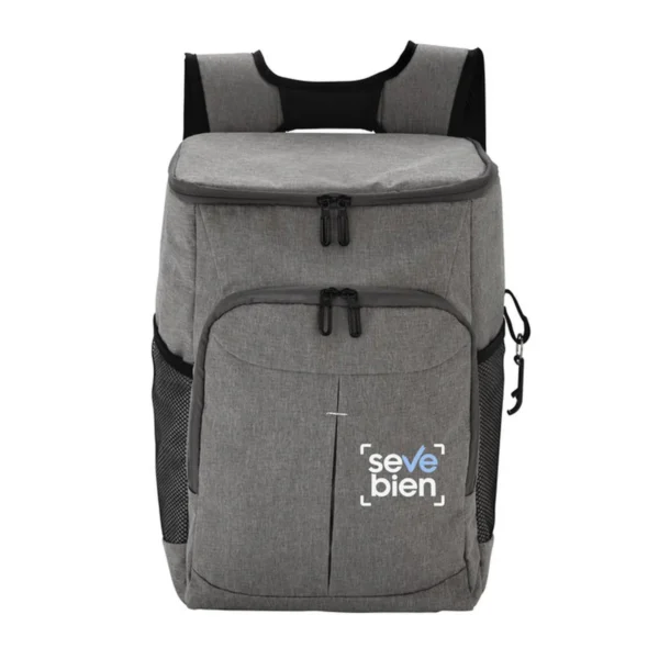 Mochila Cooler RIBERA en color negro con compartimentos visibles, bolsillos laterales de red y correas acolchadas