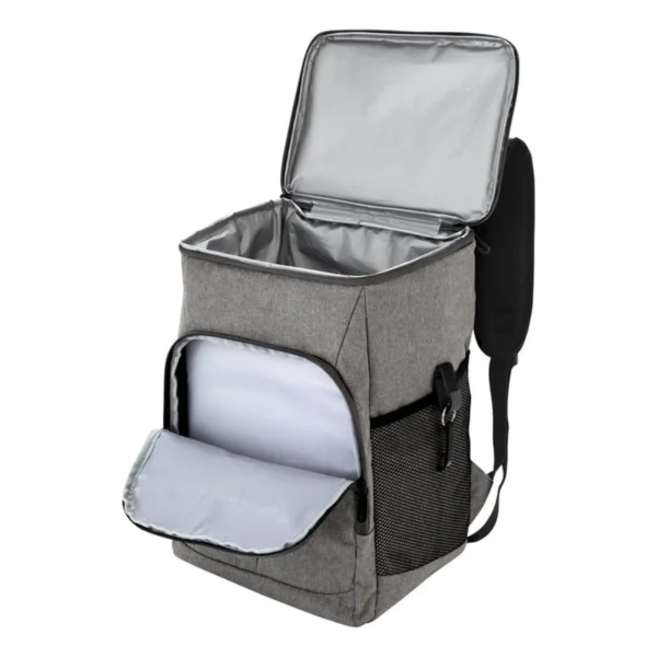 Mochila Cooler RIBERA en color negro con compartimentos visibles, bolsillos laterales de red y correas acolchadas
