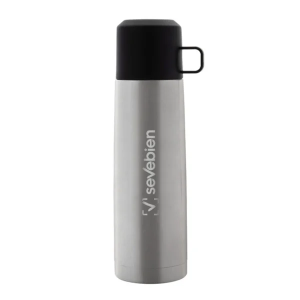 Termo POTTER de acero inoxidable con acabado mate negro y tapa plástica, vista lateral