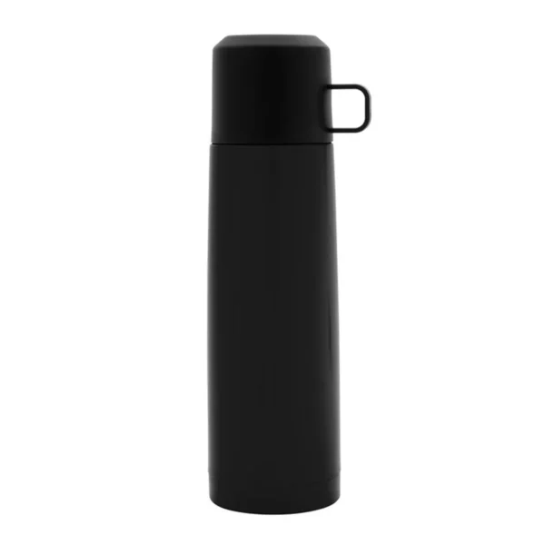 Termo POTTER de acero inoxidable con acabado mate negro y tapa plástica, vista lateral
