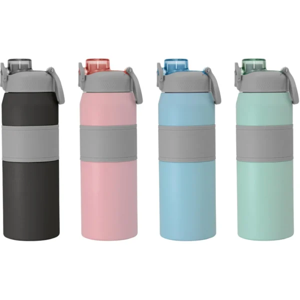 Botella térmica PUSH de acero inoxidable con grip de silicona, boquilla con sorbete y caja de regalo kraft