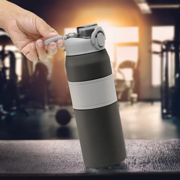 Botella térmica PUSH de acero inoxidable con grip de silicona, boquilla con sorbete y caja de regalo kraft