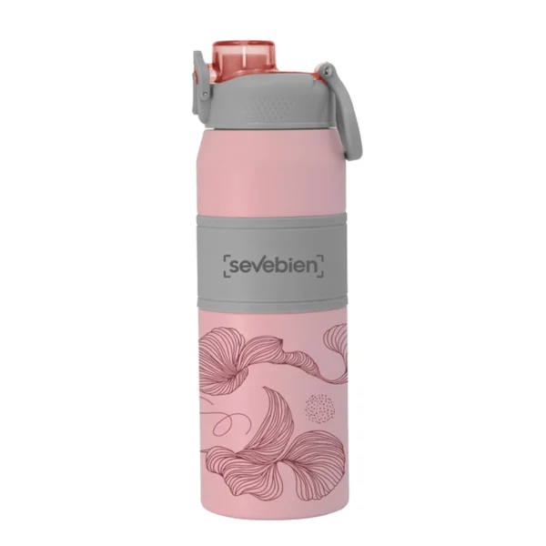 Botella térmica PUSH de acero inoxidable con grip de silicona, boquilla con sorbete y caja de regalo kraft