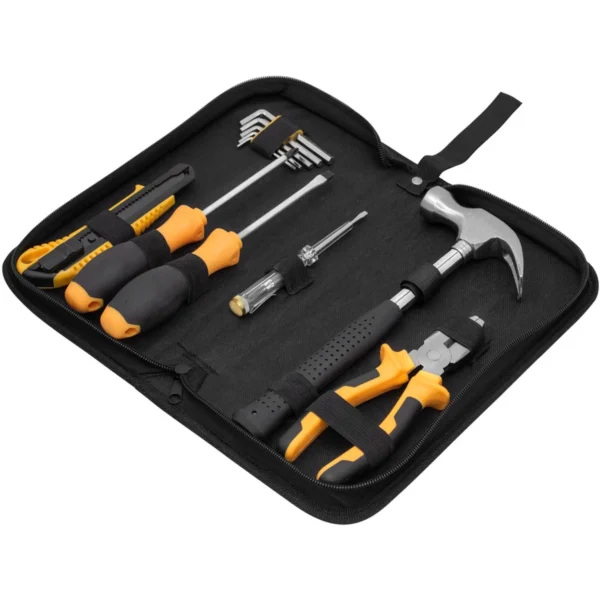 Set de herramientas HÉRCULES con 11 piezas en estuche de poliéster negro con cierre y caja kraft