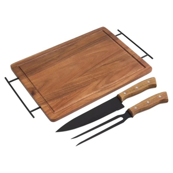 Set de Asado / BBQ BRANGUS. Set de asado con tabla de madera de acacia, cuchillo y tenedor de acero inoxidable en caja kraft