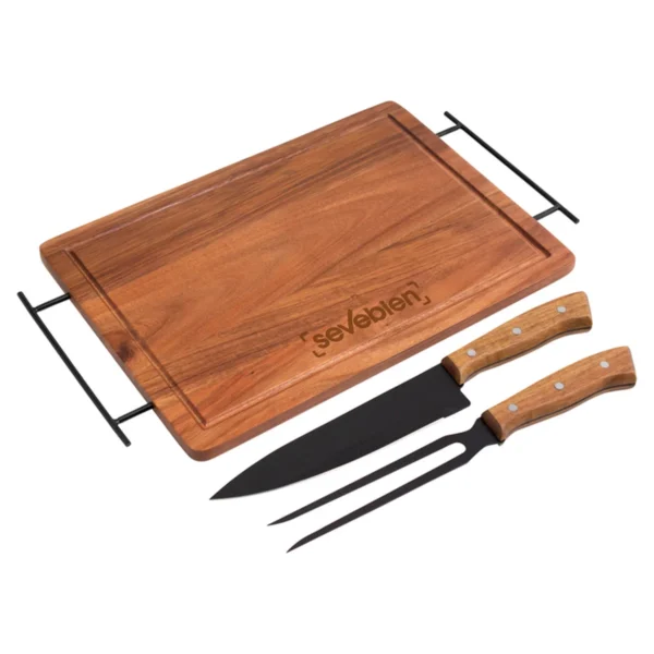 Set de Asado / BBQ BRANGUS. Set de asado con tabla de madera de acacia, cuchillo y tenedor de acero inoxidable en caja kraft