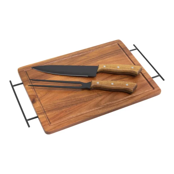 Set de Asado / BBQ BRANGUS. Set de asado con tabla de madera de acacia, cuchillo y tenedor de acero inoxidable en caja kraft