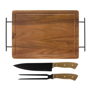 Set de Asado / BBQ BRANGUS. Set de asado con tabla de madera de acacia, cuchillo y tenedor de acero inoxidable en caja kraft