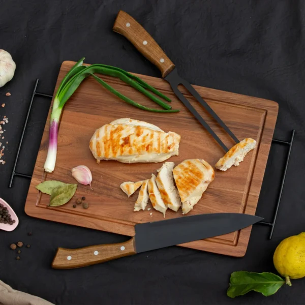 Set de Asado / BBQ BRANGUS. Set de asado con tabla de madera de acacia, cuchillo y tenedor de acero inoxidable en caja kraft