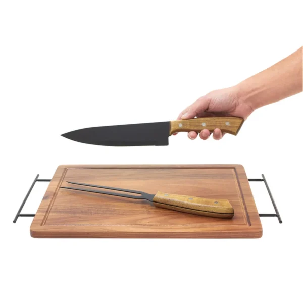 Set de Asado / BBQ BRANGUS. Set de asado con tabla de madera de acacia, cuchillo y tenedor de acero inoxidable en caja kraft