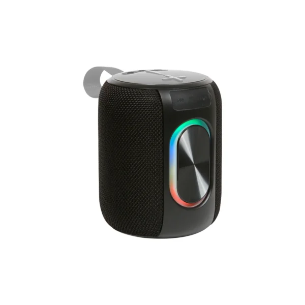 Bocina Opole bluetooth portátil con recubrimiento de tela gris, luz RGB y asa superior