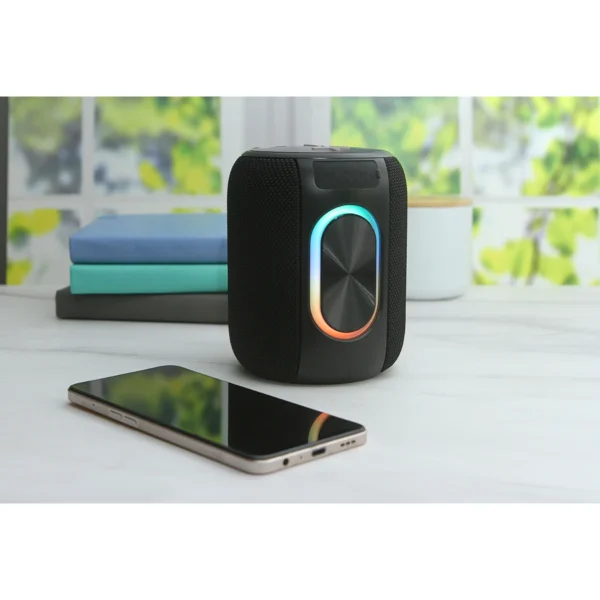 Bocina Opole bluetooth portátil con recubrimiento de tela gris, luz RGB y asa superior