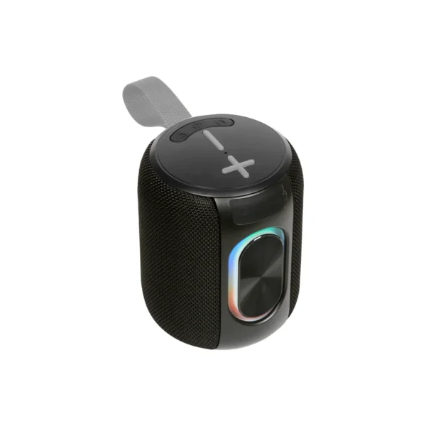Bocina Opole bluetooth portátil con recubrimiento de tela gris, luz RGB y asa superior