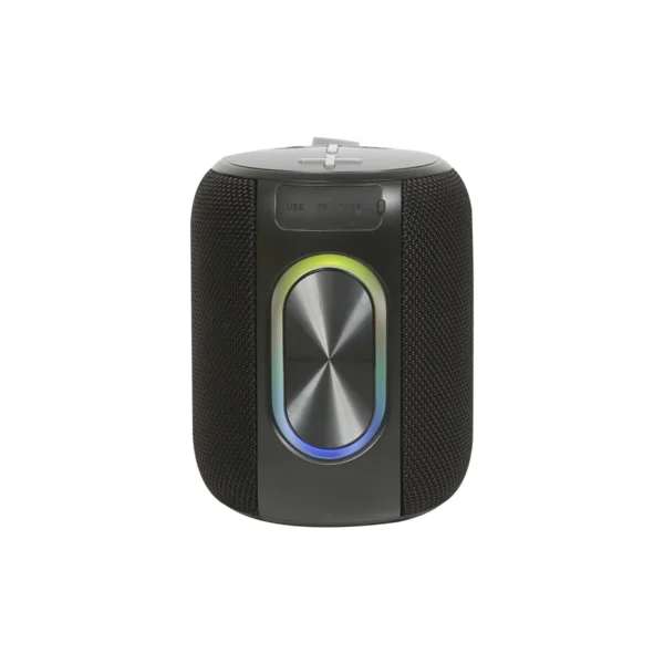 Bocina Opole bluetooth portátil con recubrimiento de tela gris, luz RGB y asa superior
