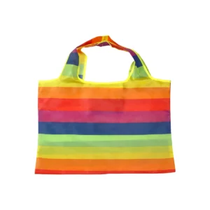 Bolsa Pride reutilizable con diseño arcoíris y espacio para logotipo corporativo, vista frontal