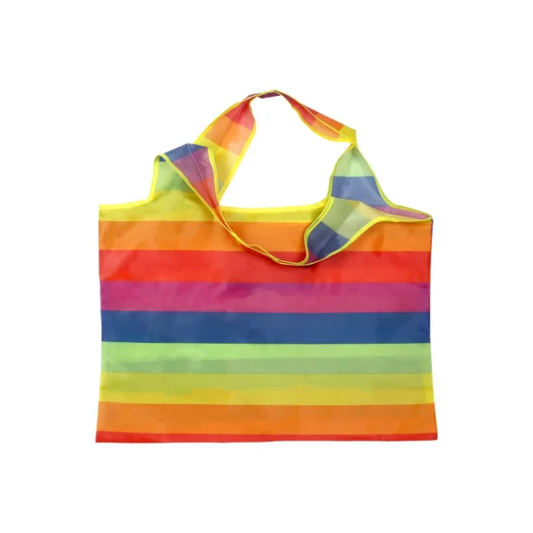 Bolsa Pride reutilizable con diseño arcoíris y espacio para logotipo corporativo, vista frontal