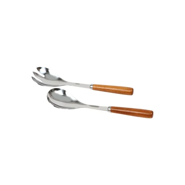Juego de 2 cubiertos Brest de acero inoxidable y madera de acacia, personalizados con logo para regalo corporativo de Dot Factory en Querétaro.