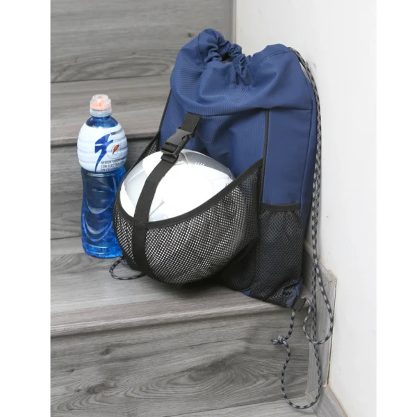 Mochila Loshside de poliéster con compartimento frontal de malla para balón, color azul y negro