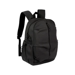 Mochila Pragel de poliéster en vista frontal mostrando compartimentos y asas acolchadas, sin logotipo