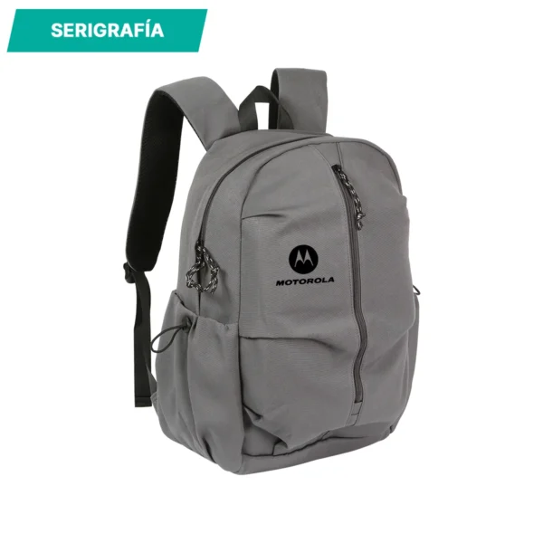 Mochila Pragel de poliéster con compartimento principal y bolsas laterales, para personalización corporativa con logotipo