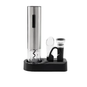 Set para Vinos DRUVA con sacacorchos eléctrico, cortador, vertedor, tapón y base organizadora sobre superficie oscura