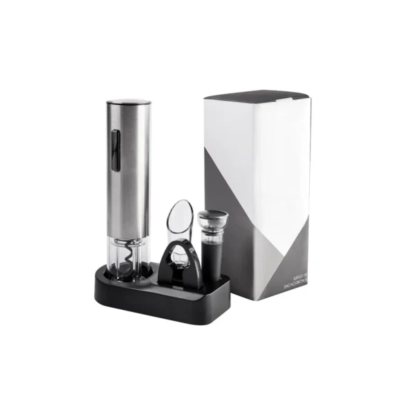Set para Vinos DRUVA con sacacorchos eléctrico, cortador, vertedor, tapón y base organizadora sobre superficie oscura