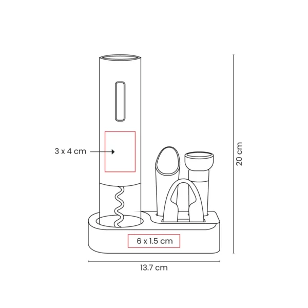 Set para Vinos DRUVA con sacacorchos eléctrico, cortador, vertedor, tapón y base organizadora sobre superficie oscura
