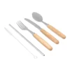 Set de cubiertos MEALTIME con estuche de lona crudo y caja Kraft, cinco piezas de acero inoxidable con mango de madera