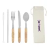 Set de cubiertos MEALTIME con estuche de lona crudo y caja Kraft, cinco piezas de acero inoxidable con mango de madera