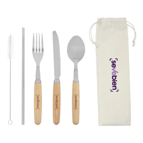 Set de cubiertos MEALTIME con estuche de lona crudo y caja Kraft, cinco piezas de acero inoxidable con mango de madera