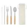 Set de cubiertos MEALTIME con estuche de lona crudo y caja Kraft, cinco piezas de acero inoxidable con mango de madera
