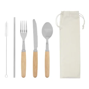 Set de cubiertos MEALTIME con estuche de lona crudo y caja Kraft, cinco piezas de acero inoxidable con mango de madera