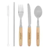 Set de cubiertos MEALTIME con estuche de lona crudo y caja Kraft, cinco piezas de acero inoxidable con mango de madera