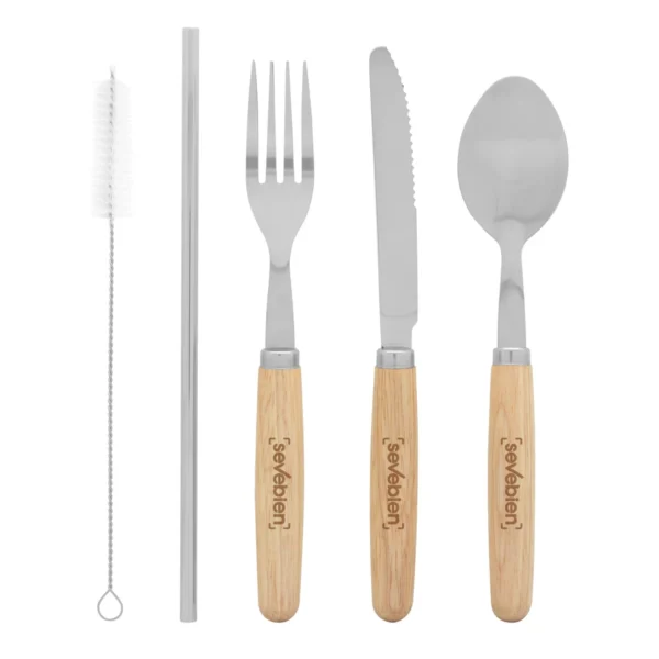 Set de cubiertos MEALTIME con estuche de lona crudo y caja Kraft, cinco piezas de acero inoxidable con mango de madera