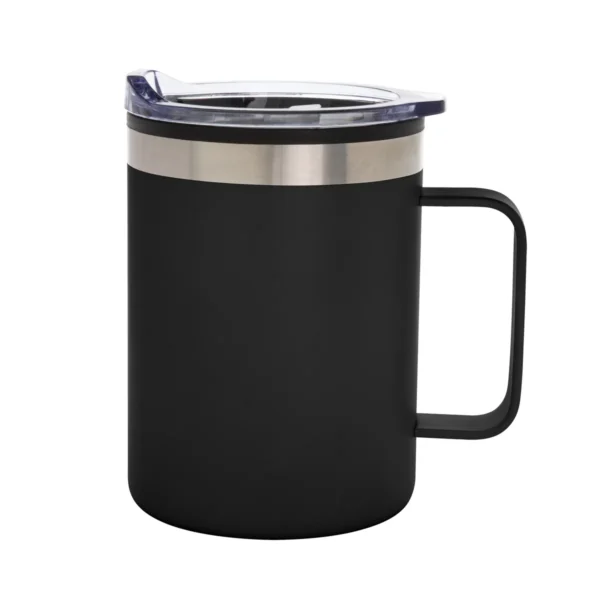 Mug DIANA de doble pared en acero 201 con tapa transparente y base antideslizante, capacidad 450 ml