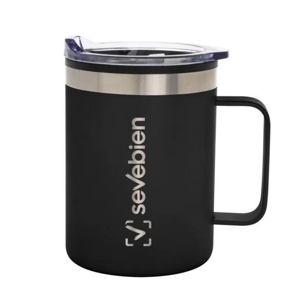Mug DIANA de doble pared en acero 201 con tapa transparente y base antideslizante, capacidad 450 ml