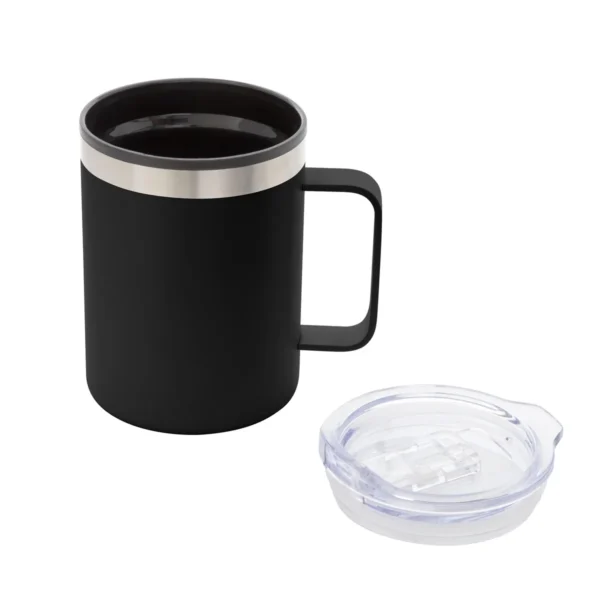 Mug DIANA de doble pared en acero 201 con tapa transparente y base antideslizante, capacidad 450 ml