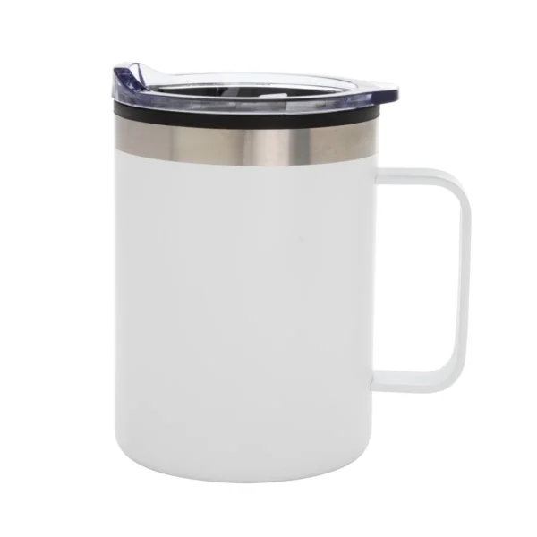 Mug DIANA de doble pared en acero 201 con tapa transparente y base antideslizante, capacidad 450 ml
